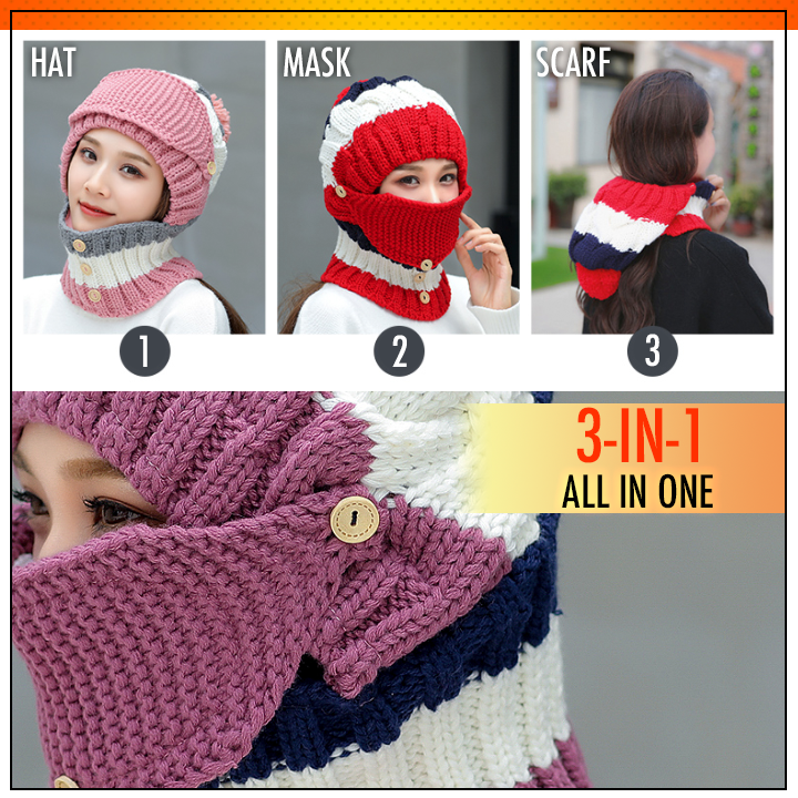 3-in-1 Knitted Beanie Scarf Warmer