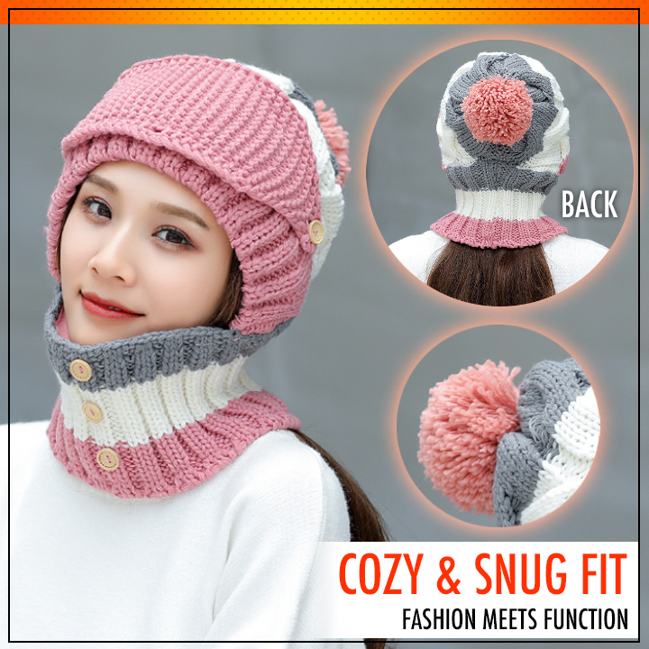 3-in-1 Knitted Beanie Scarf Warmer