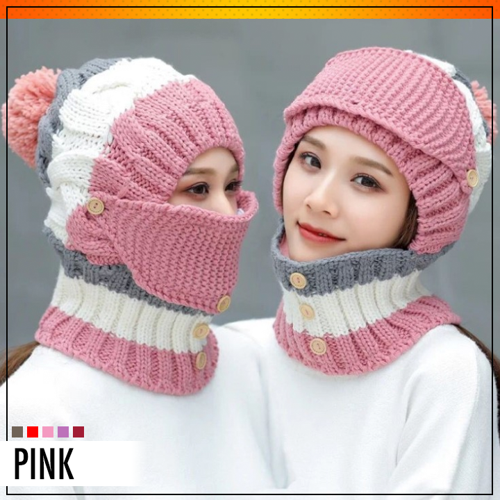 3-in-1 Knitted Beanie Scarf Warmer