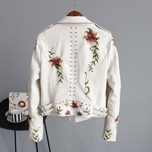 Floral Embroidery Faux Leather Jacket