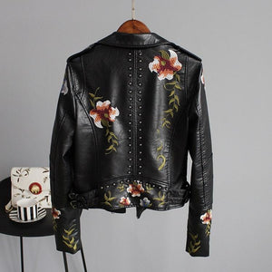 Floral Embroidery Faux Leather Jacket