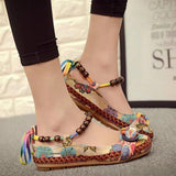 Women Ethnic Lace Up Beading Round Toe Comfortable Flats