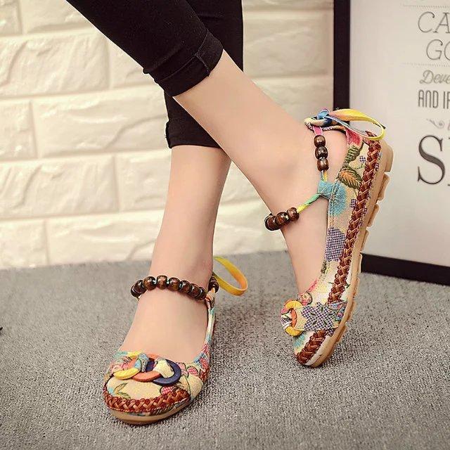 Women Ethnic Lace Up Beading Round Toe Comfortable Flats