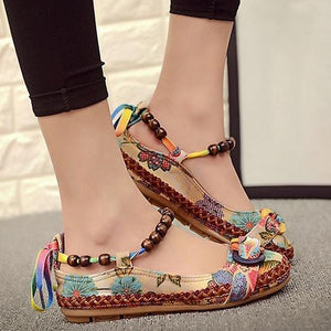 Women Ethnic Lace Up Beading Round Toe Comfortable Flats