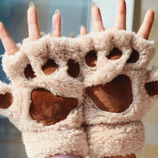 Fluffy Bear Paw Fingerless Gloves