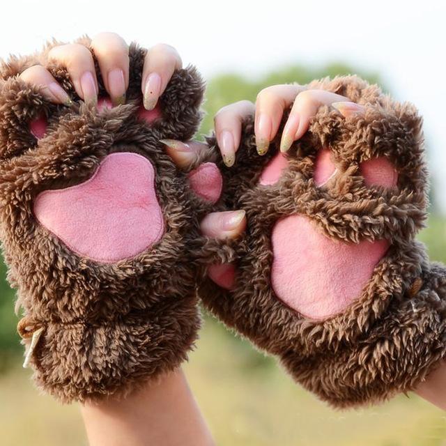 Fluffy Bear Paw Fingerless Gloves