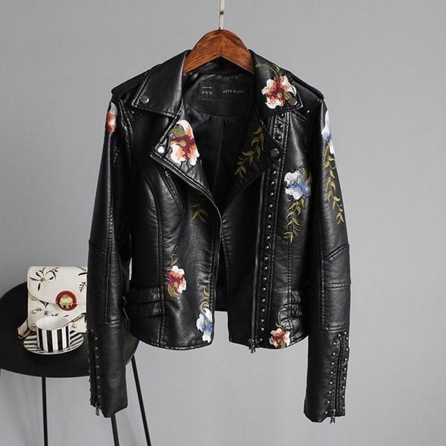 Floral Embroidery Faux Leather Jacket