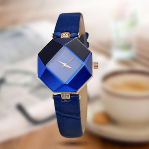 Women Gem Cut Crystal Quartz Leather Fashion Wristwatch