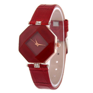 Women Gem Cut Crystal Quartz Leather Fashion Wristwatch