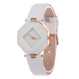 Women Gem Cut Crystal Quartz Leather Fashion Wristwatch