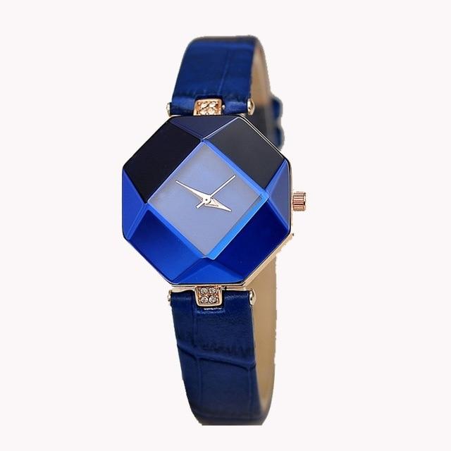 Women Gem Cut Crystal Quartz Leather Fashion Wristwatch