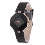 Women Gem Cut Crystal Quartz Leather Fashion Wristwatch