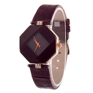 Women Gem Cut Crystal Quartz Leather Fashion Wristwatch