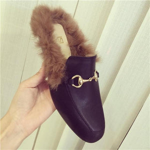 Women Faux Leather Fur Slipper