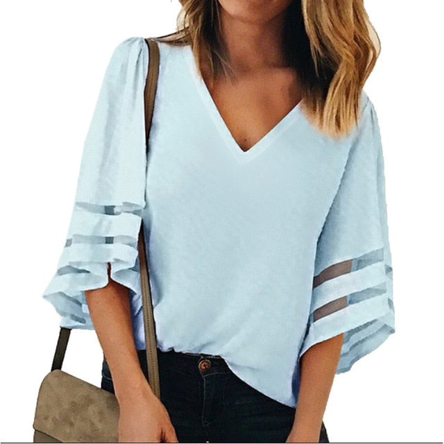 Flared Sleeves Mesh Patchwork Shirts