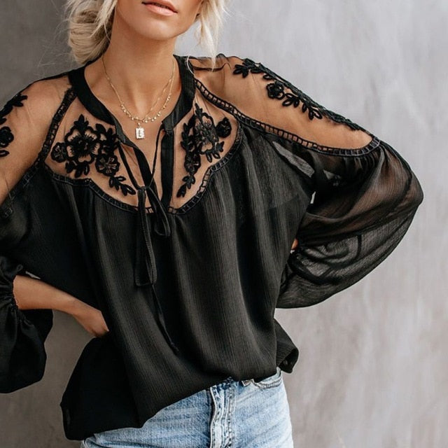 Lace Mesh Shirt Embroidery Patchwork Women